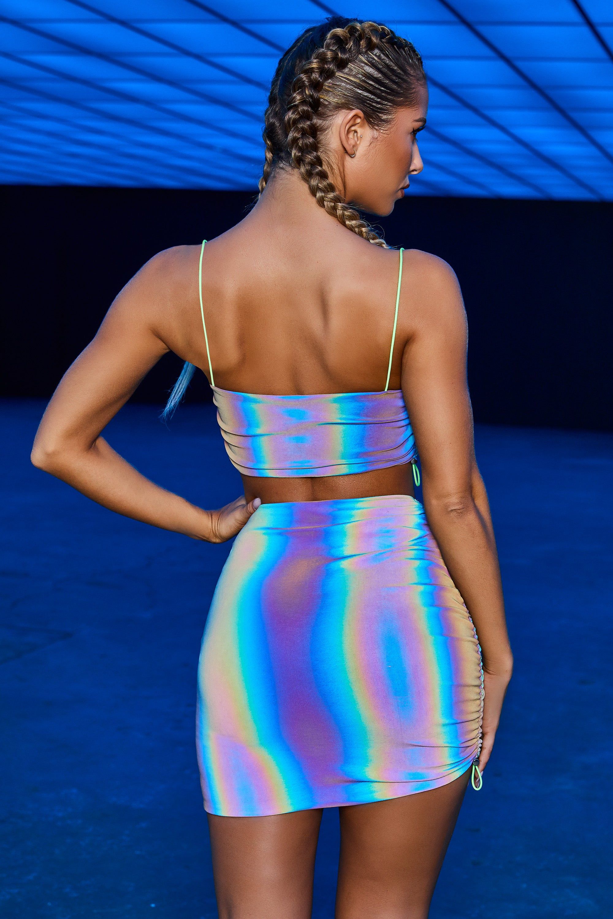 Follow The Rainbow High Waisted Reflective Mini Skirt in Black & Neon Lime sold by Oh Polly product image thumbnail 4