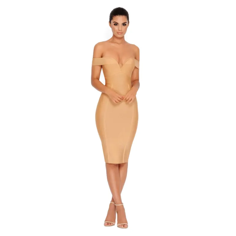 Taut Couture Off The Shoulder Bardot Bandage Dress in Gold made by Oh Polly