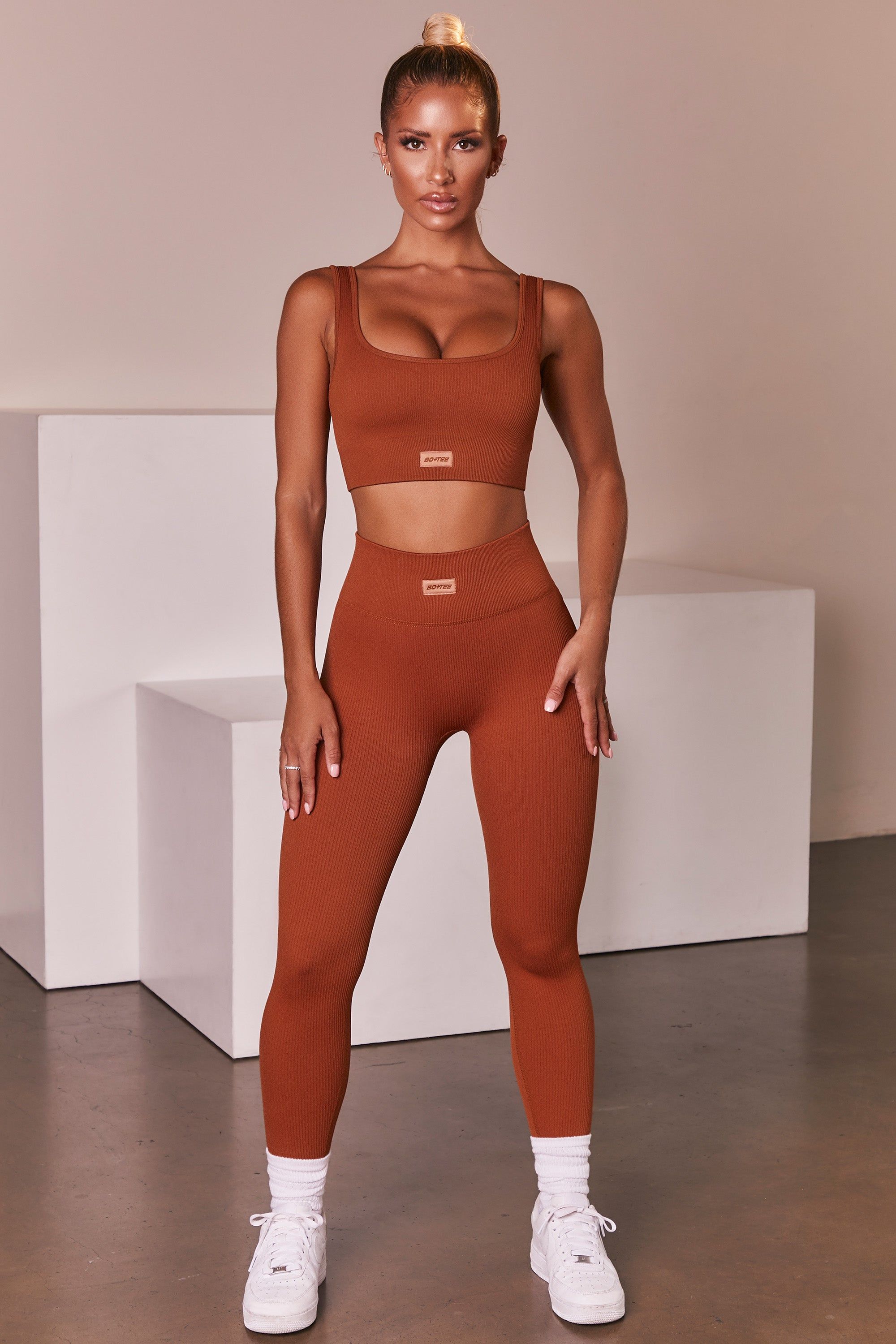 No Sweat Ribbed Scoop Neck Sports Bra in Light Brown sold by Oh Polly