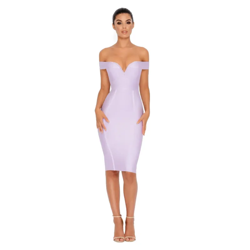 Taut Couture Off The Shoulder Bardot Bandage Dress in Lilac sold by Oh Polly