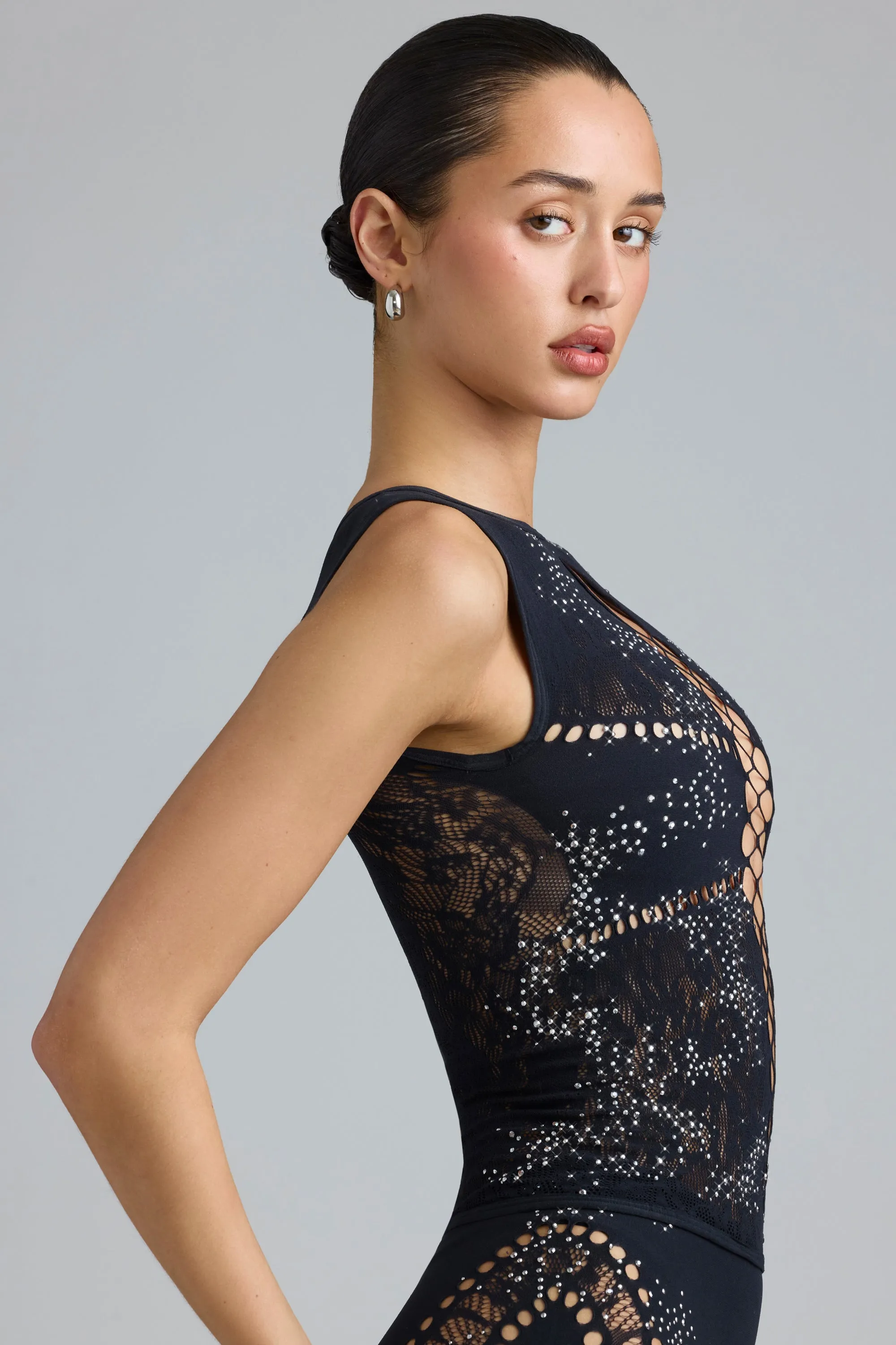 Embellished Lace-Up High-Neck Top in Black sold by Oh Polly product image thumbnail 3