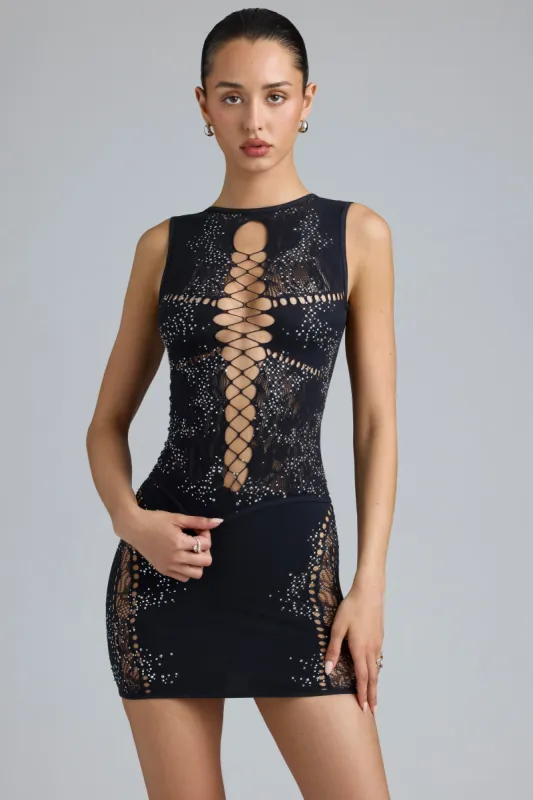 Embellished Lace-Up High-Neck Top in Black made by Oh Polly