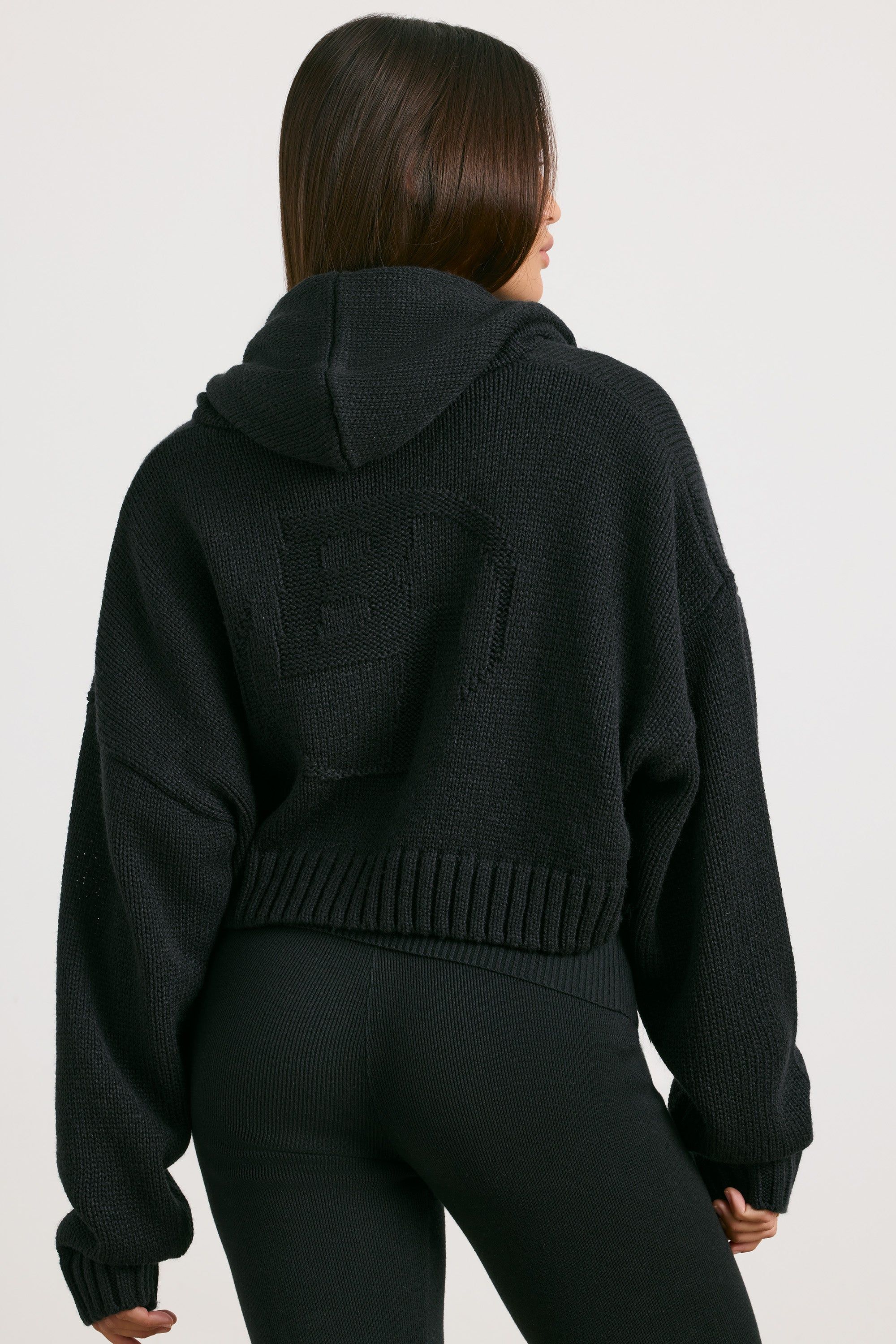 Cropped Zip Up Chunky Knit Hoodie in Black sold by Oh Polly product image thumbnail 2