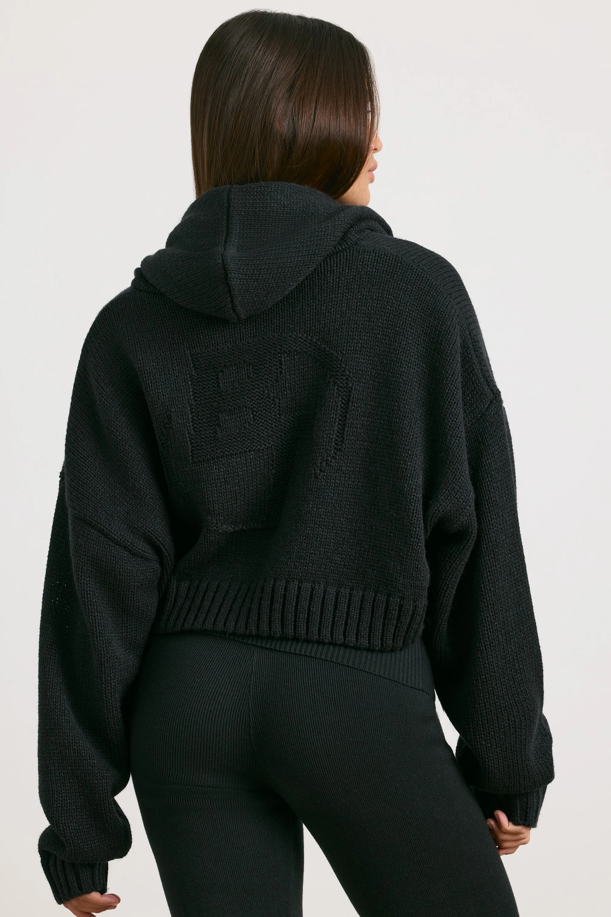 Cropped Zip Up Chunky Knit Hoodie in Black sold by Oh Polly product image thumbnail 2