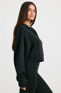 Cropped Zip Up Chunky Knit Hoodie in Black sold by Oh Polly