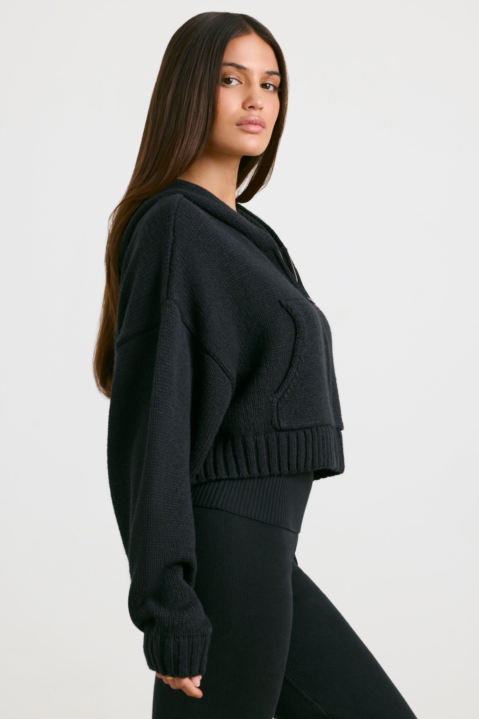 Cropped Zip Up Chunky Knit Hoodie in Black sold by Oh Polly product image thumbnail 3
