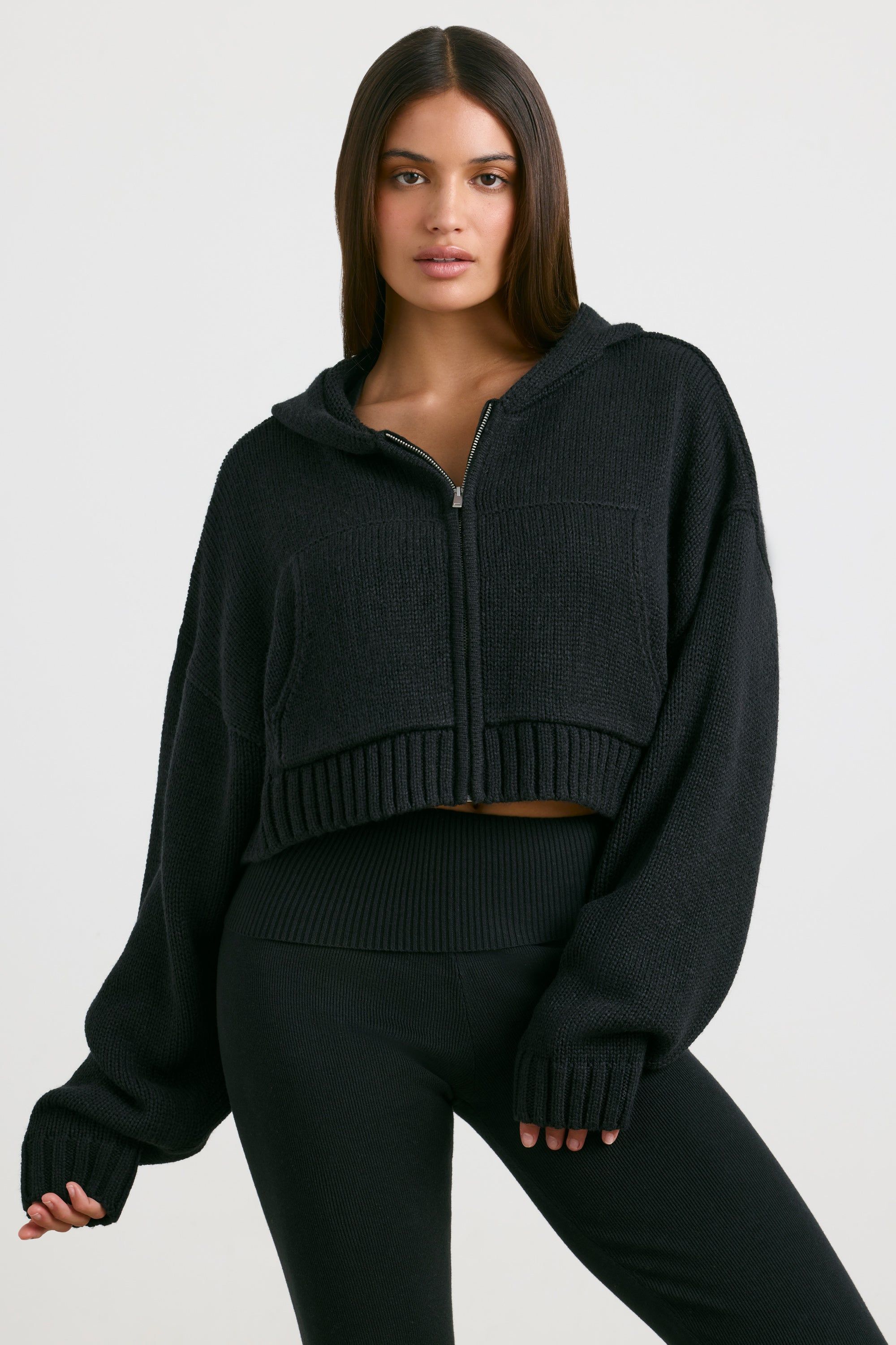 Cropped Zip Up Chunky Knit Hoodie in Black sold by Oh Polly