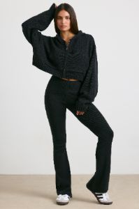 Cropped Zip Up Chunky Knit Hoodie in Black sold by Oh Polly