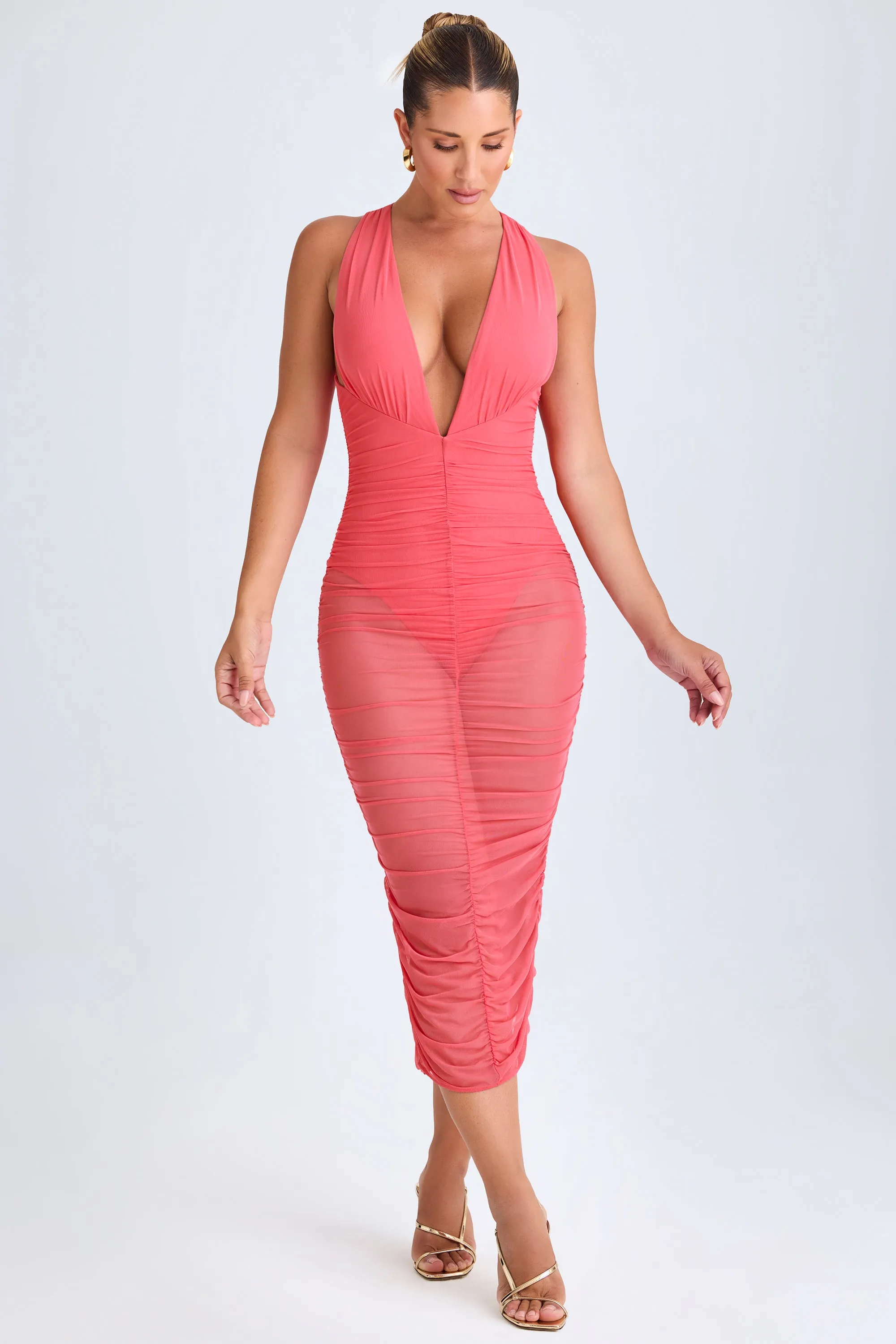Ruched Plunge Midaxi Dress in Coral sold by Oh Polly product image thumbnail 5