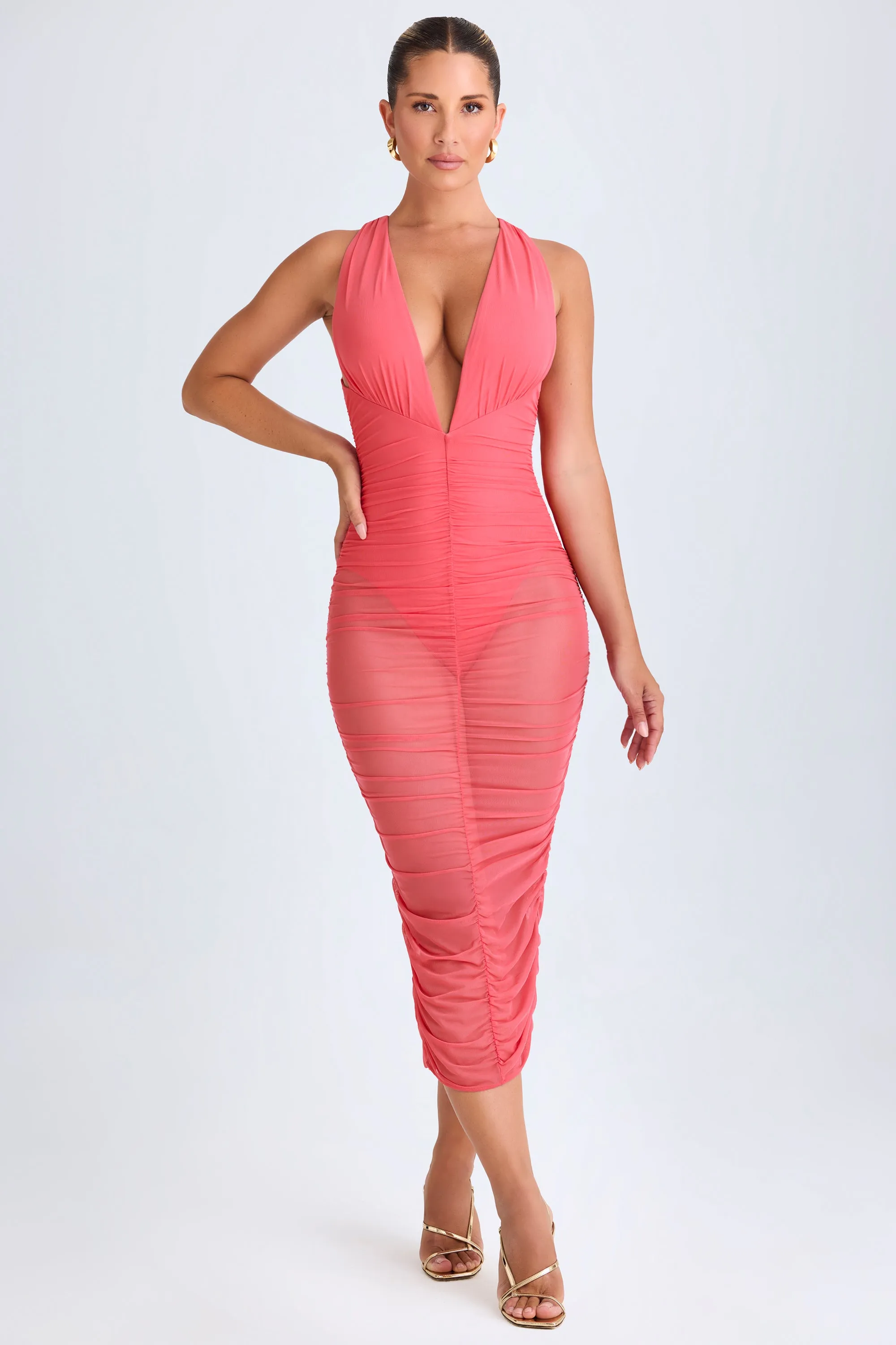 Ruched Plunge Midaxi Dress in Coral sold by Oh Polly product image thumbnail 4
