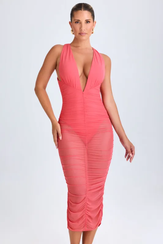 Ruched Plunge Midaxi Dress in Coral sold by Oh Polly