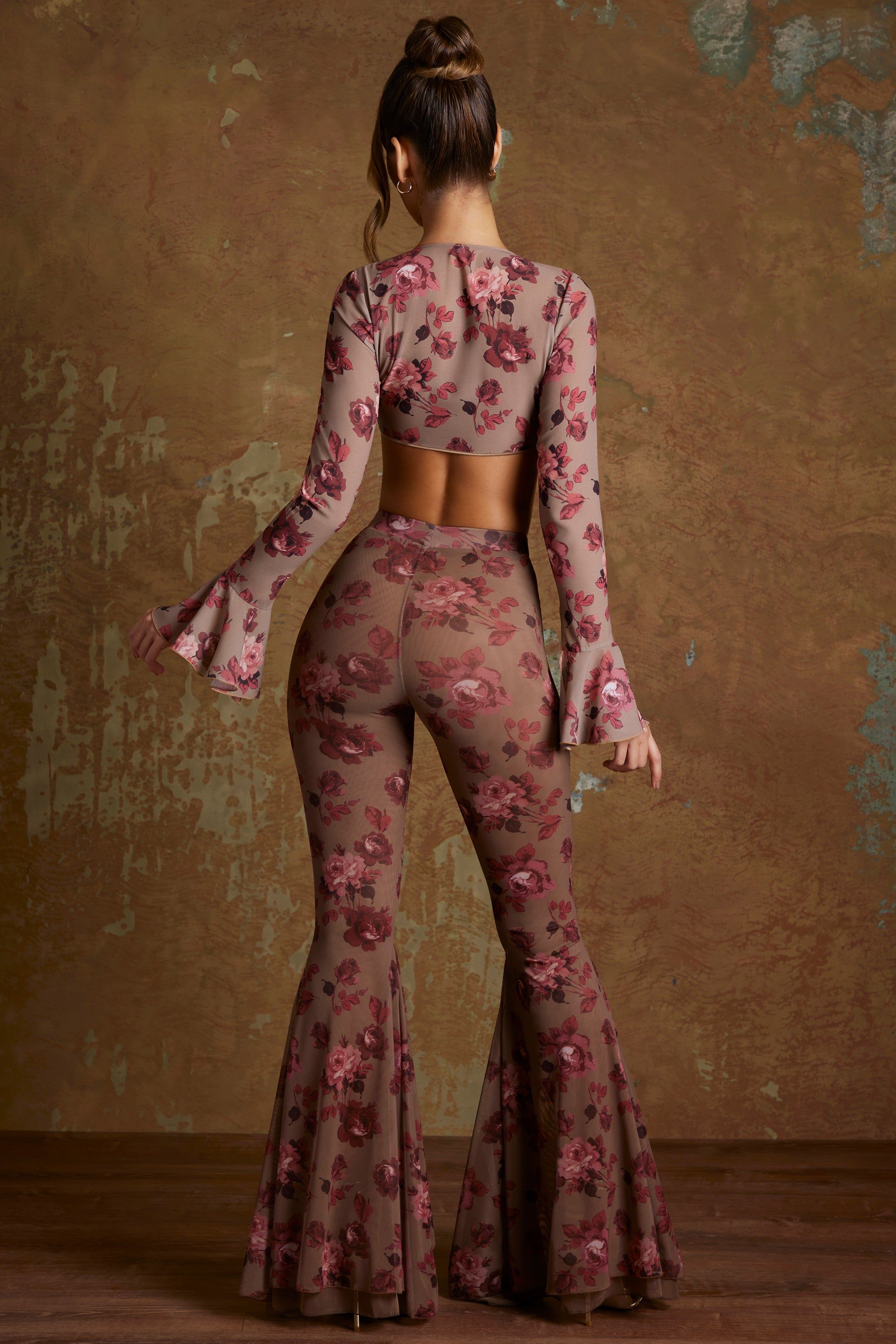 Petite Split Flare Ruffle Trousers in Beige Print sold by Oh Polly product image thumbnail 2