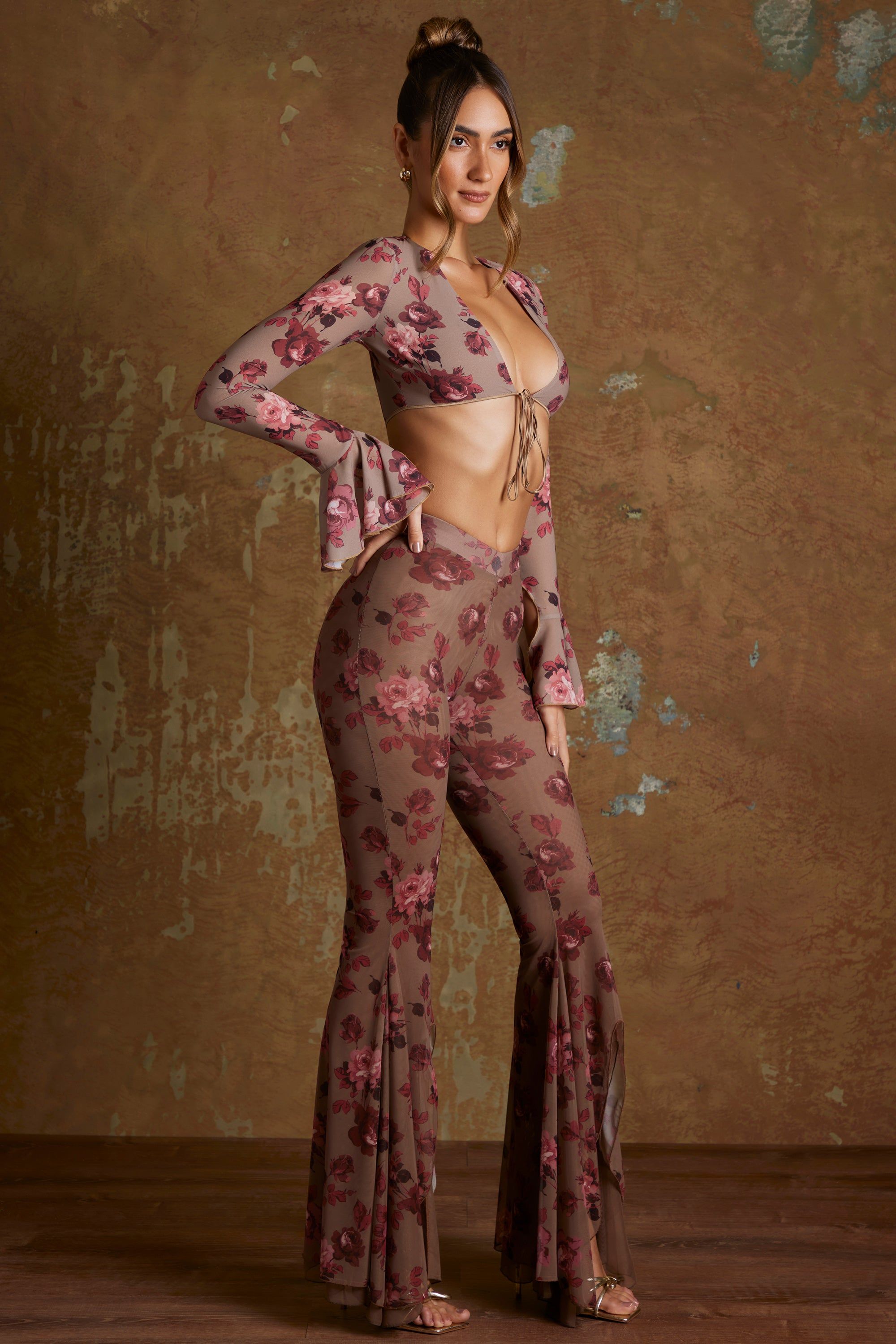 Petite Split Flare Ruffle Trousers in Beige Print sold by Oh Polly product image thumbnail 3