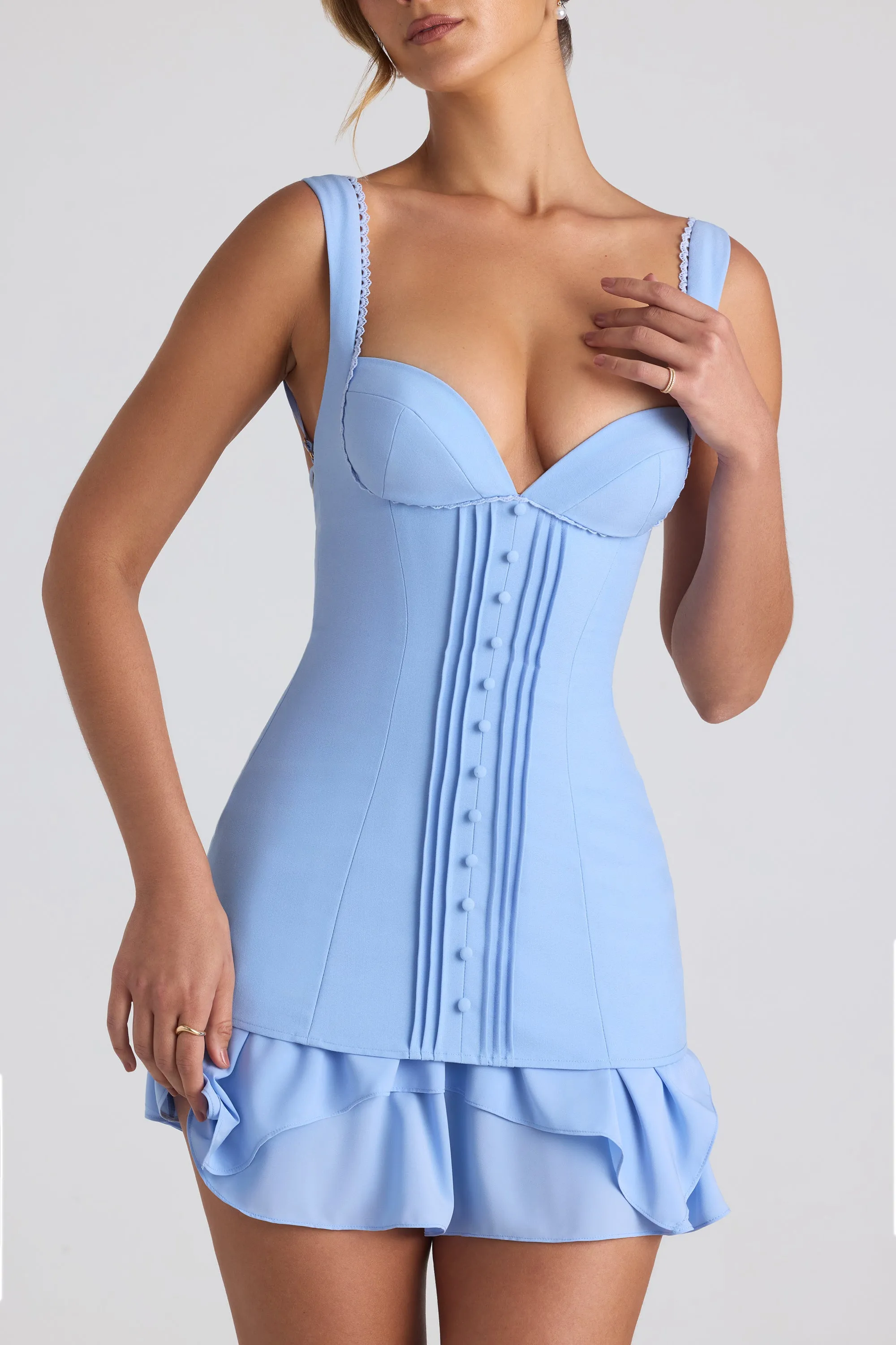 Ruffle-Trim Button-Detail Corset Mini Dress in Sky Blue sold by Oh Polly product image thumbnail 4