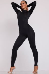 Tall High Neck Long Sleeve Jumpsuit in Black sold by Oh Polly