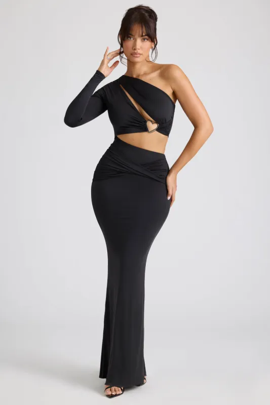 Single Sleeve Cut Out Evening Gown in Black sold by Oh Polly