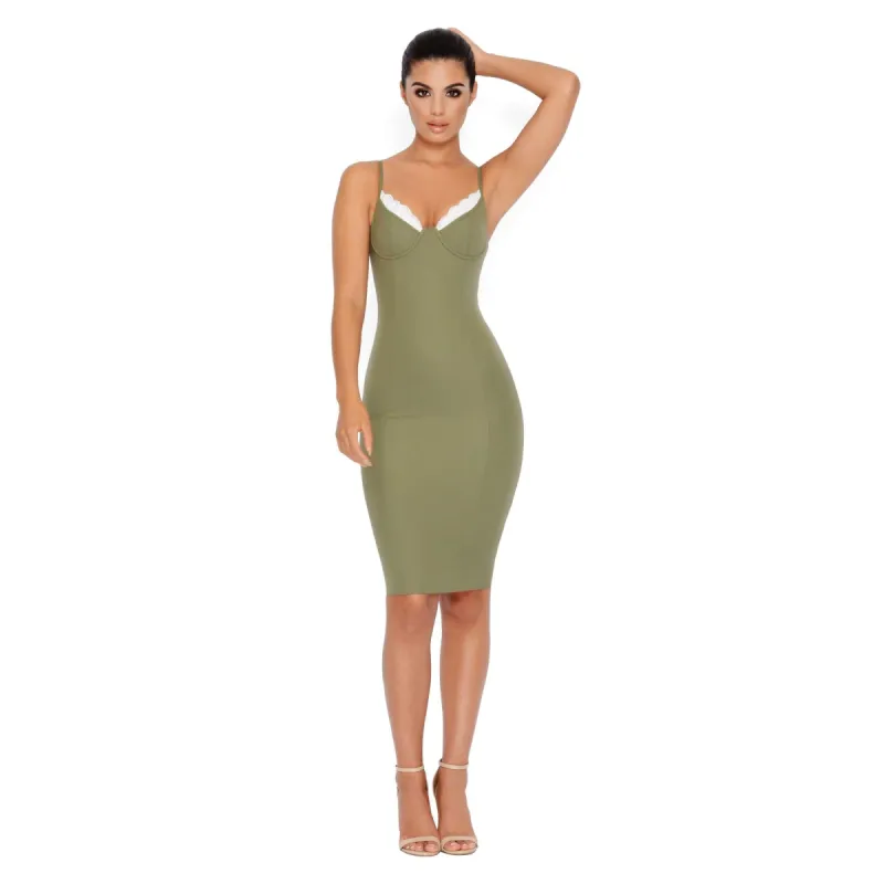 Peek A Boo Lace Bustier Knee Length Dress in Khaki sold by Oh Polly