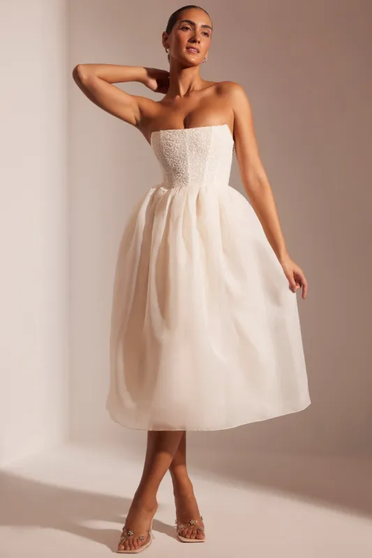 Embellished Corset Tulle Skirt Midi Dress in Ivory sold by Oh Polly