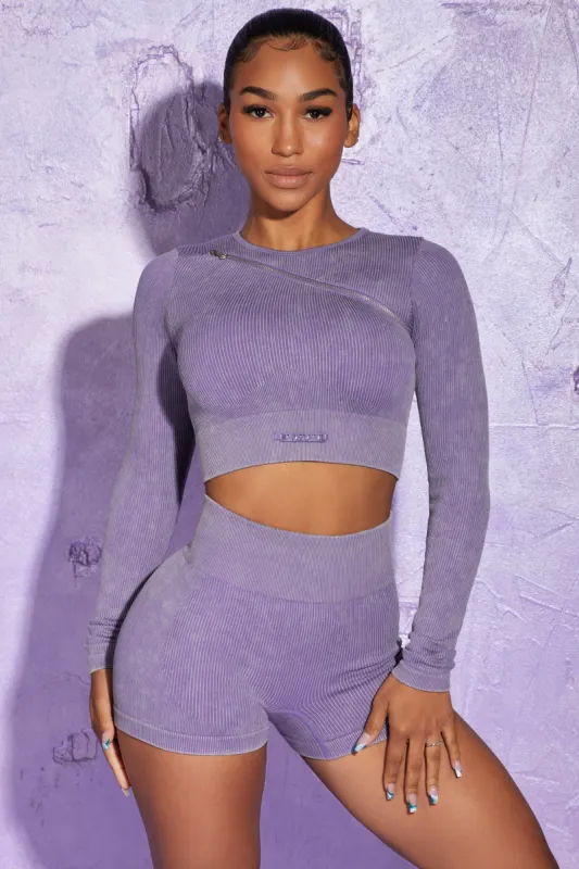 Long Sleeve High Neck Zip Crop Top in Violet sold by Oh Polly