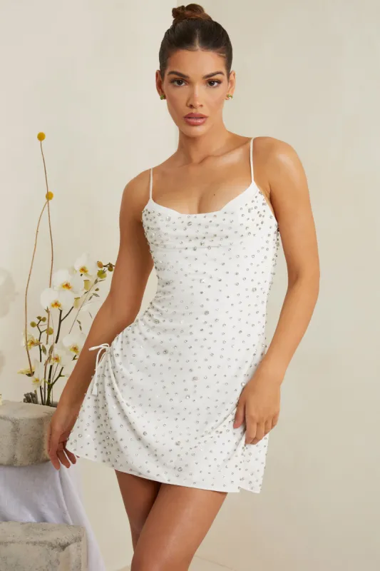 Hand Embellished Cowl Neck Mini Dress in White sold by Oh Polly