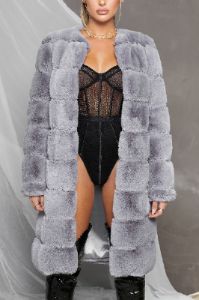 Executive Longline Panel Faux Fur Coat in Grey sold by Oh Polly