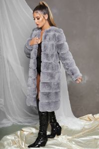 Executive Longline Panel Faux Fur Coat in Grey sold by Oh Polly
