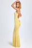Slinky Jersey Floral-Appliqué Gown in Pastel Yellow sold by Oh Polly