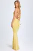 Slinky Jersey Floral-Appliqué Gown in Pastel Yellow sold by Oh Polly