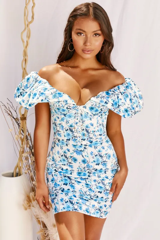 Like A Vision Puff Sleeve Satin Mini Dress in Blue sold by Oh Polly