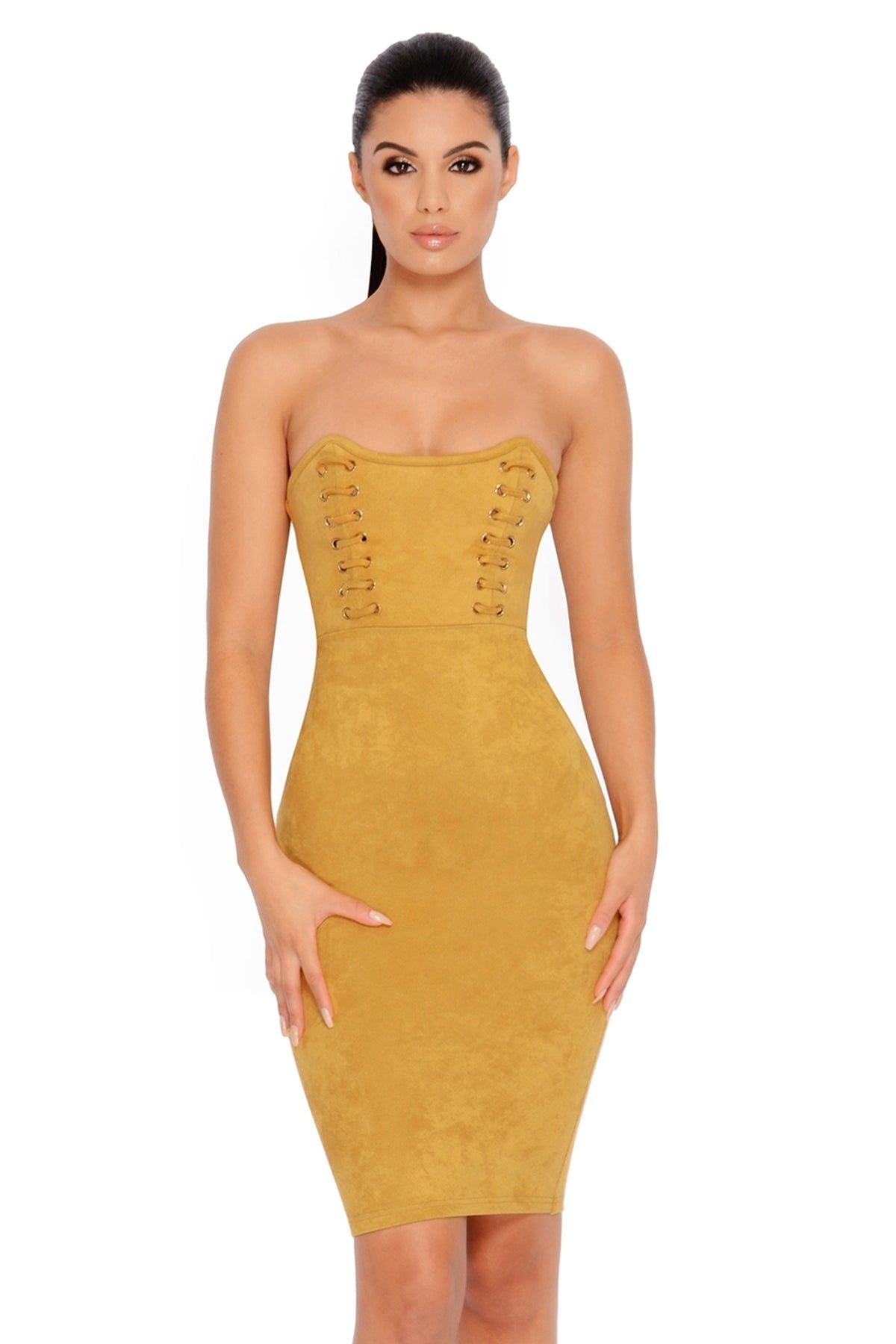 In The Firing Line Suede Bustier Knee Length Dress in Mustard sold by Oh Polly product image thumbnail 10