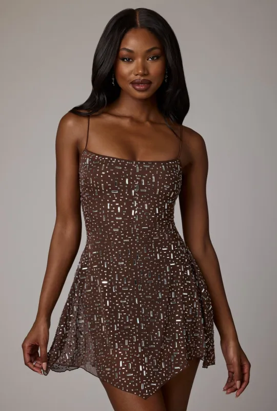 Sheer Embellished Scoop Neck Mini Dress in Deep Cocoa sold by Oh Polly