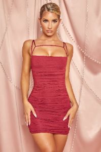 Drop Me A Line Ruched Bodycon Mini Dress in Burgundy sold by Oh Polly