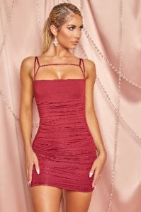 Drop Me A Line Ruched Bodycon Mini Dress in Burgundy sold by Oh Polly