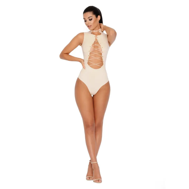 Take Centre Stage Lace Up Suede Corset Bodysuit in Cream made by Oh Polly