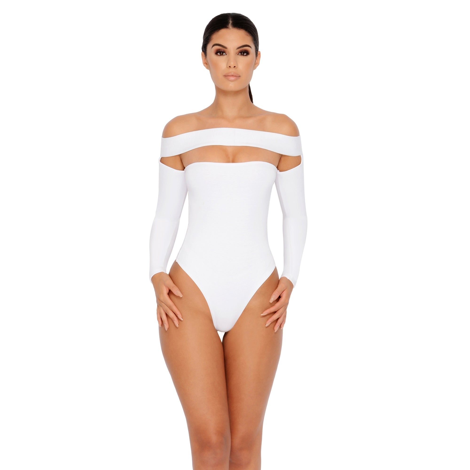 Strip Down Off The Shoulder Bardot Bodysuit in White sold by Oh Polly product image thumbnail 2
