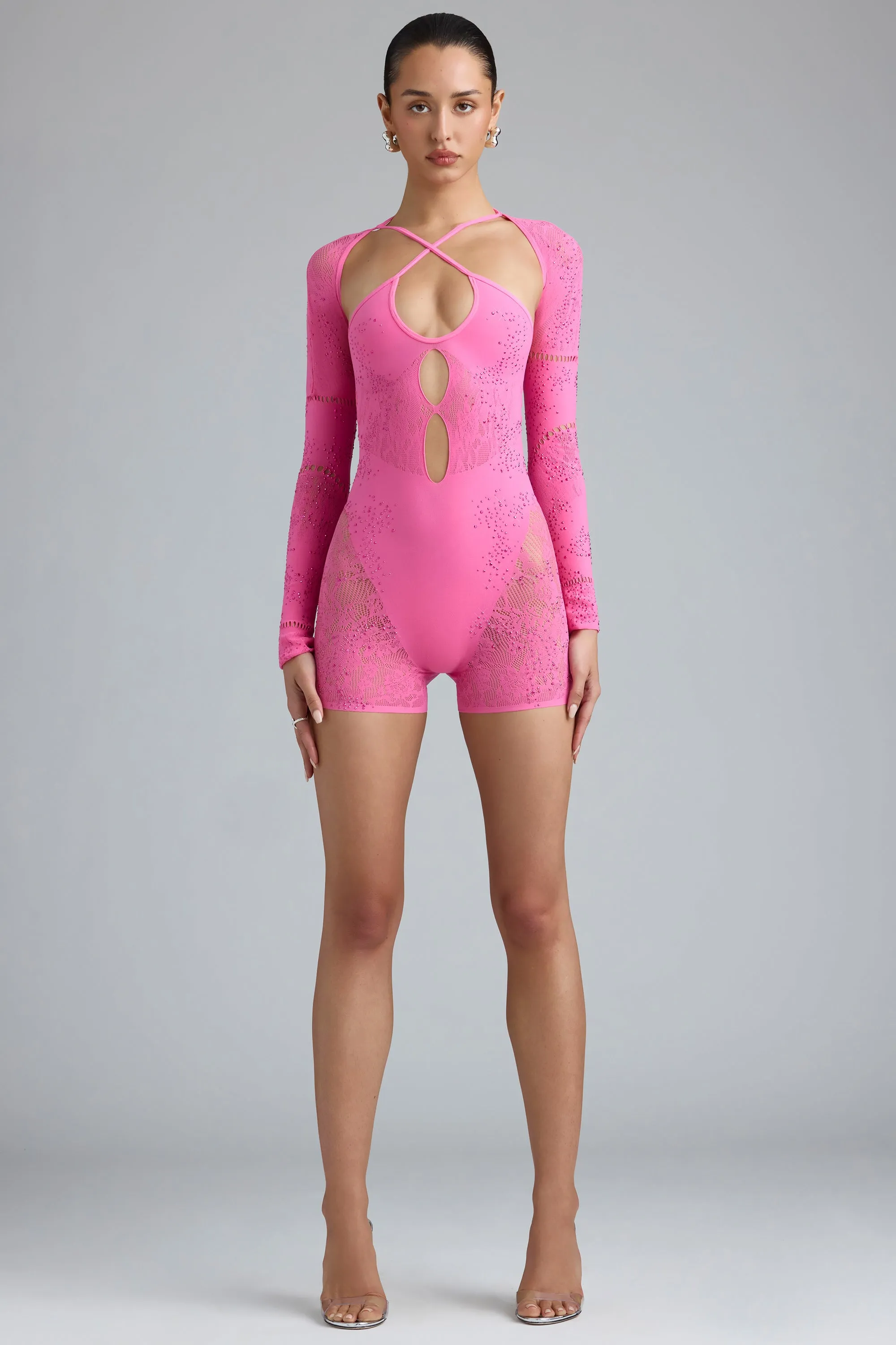 Embellished Cut-Out Unitard in Bubblegum Pink sold by Oh Polly