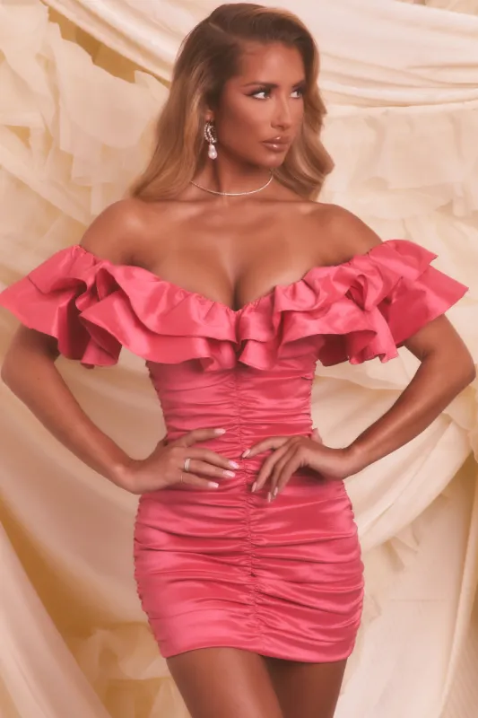 Bardot Ruffle Mini Dress in Hot Pink made by Oh Polly