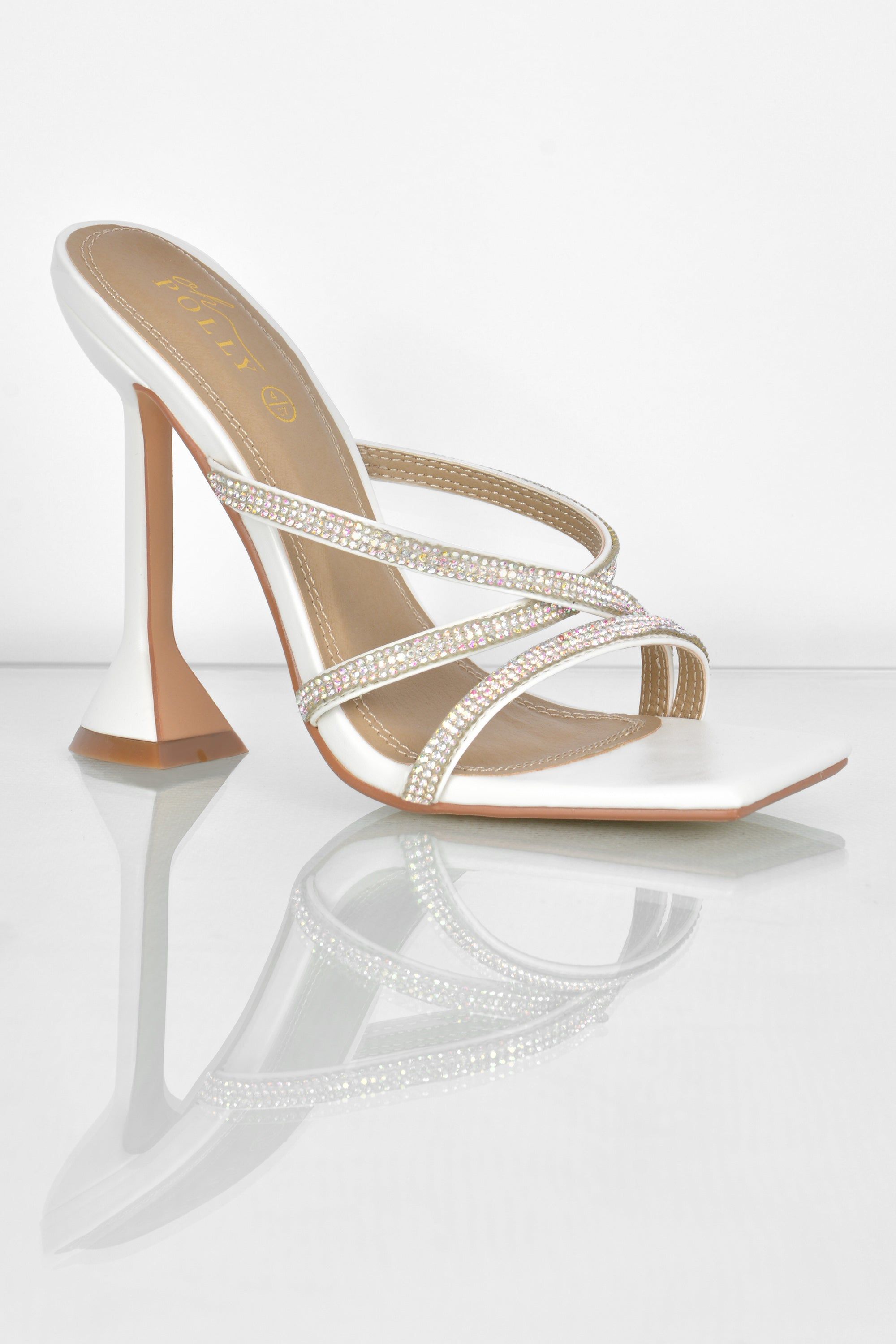 Step Aside Diamante Embellished Mule Heels in White sold by Oh Polly