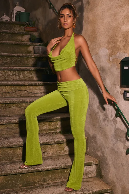 Tall Ruched Mid-Rise Trousers in Pear Green sold by Oh Polly