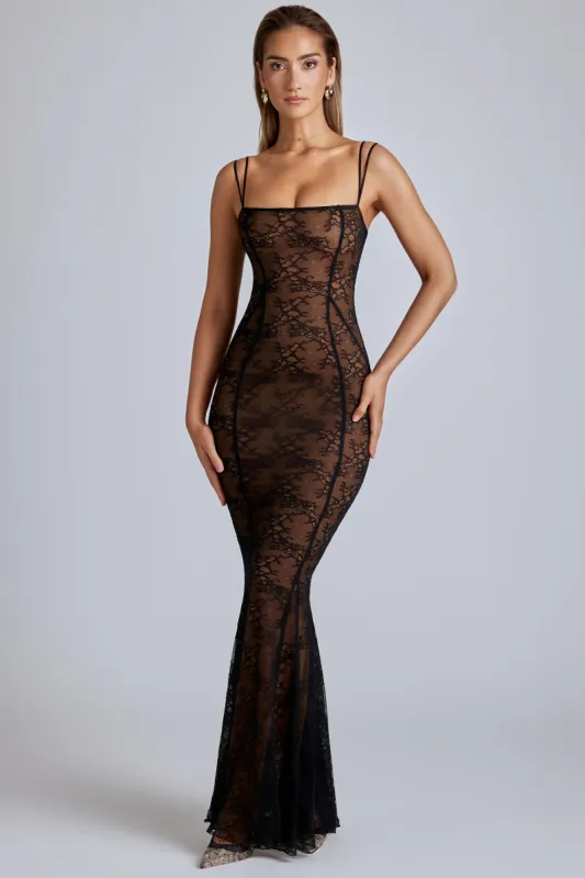 Sheer Lace Fishtail Gown in Black sold by Oh Polly