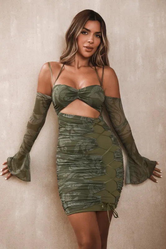 Long Sleeve Paneled Mini Dress in Olive Print sold by Oh Polly