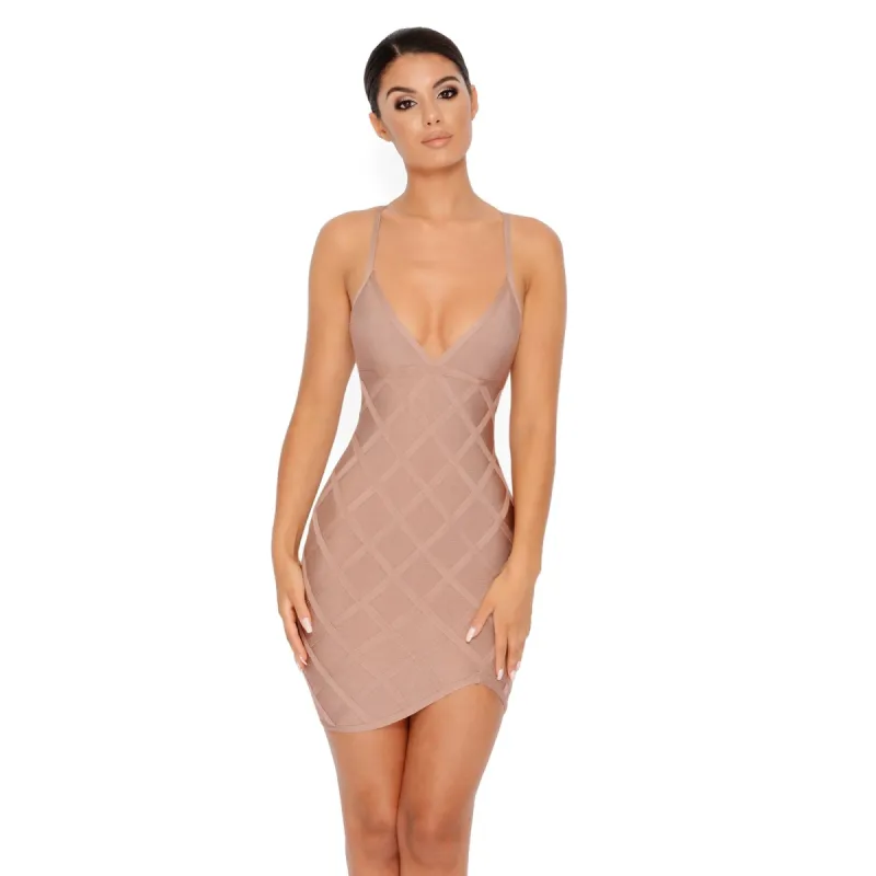 Lattice Off The Hook Plunge Bandage Mini Dress in Dark Blush sold by Oh Polly