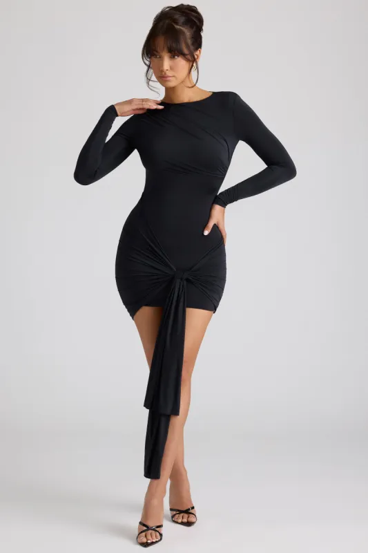 Long Sleeve Draped Mini Dress in Black sold by Oh Polly