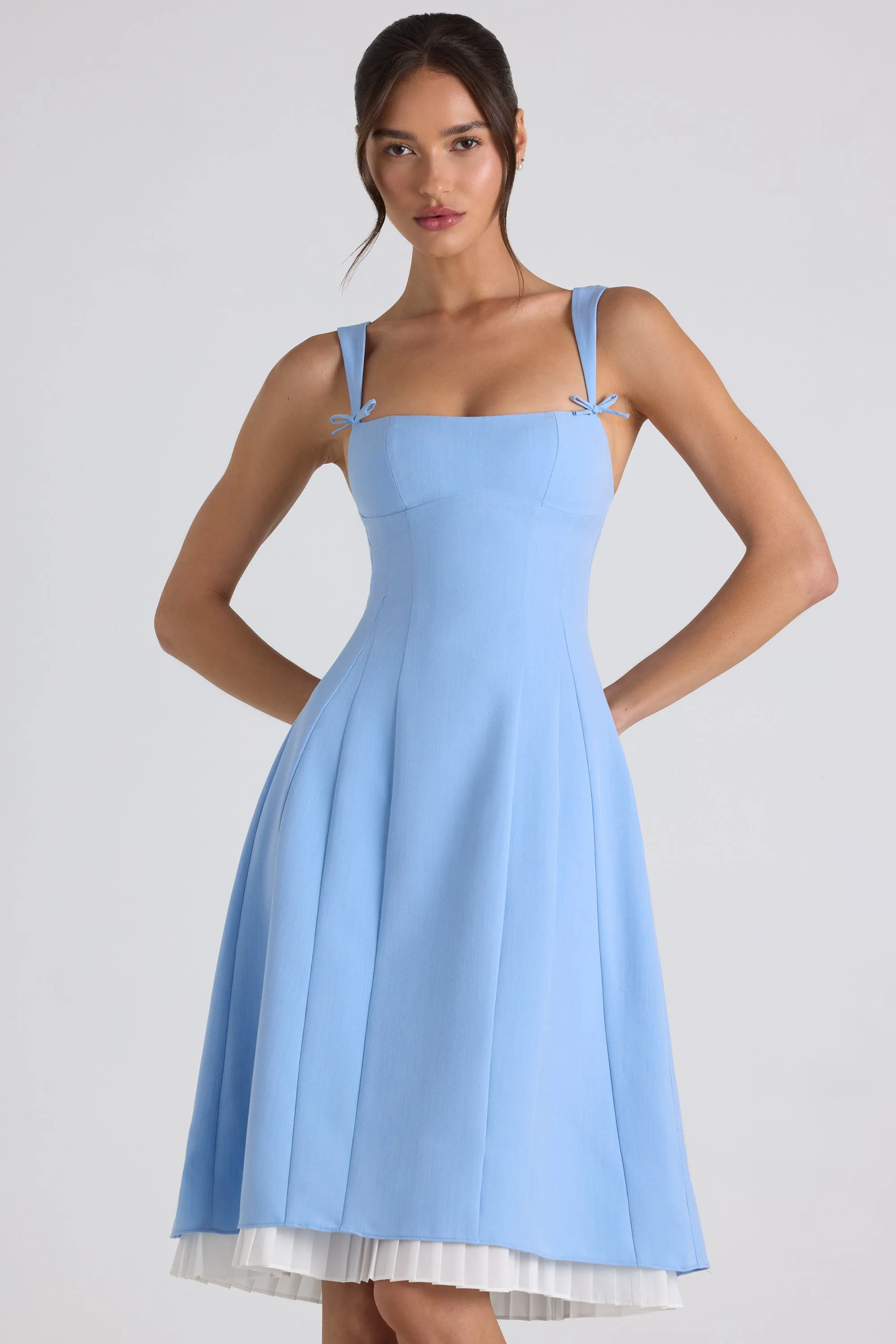 Bow-Detail Pleated A-Line Midi Dress in Sky Blue sold by Oh Polly
