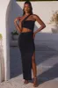 Asymmetric Neckline Ruched Cut Out Maxi Dress in Black sold by Oh Polly