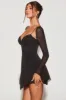 Embellished Long Sleeve Angled Hem Mini Dress in Black sold by Oh Polly