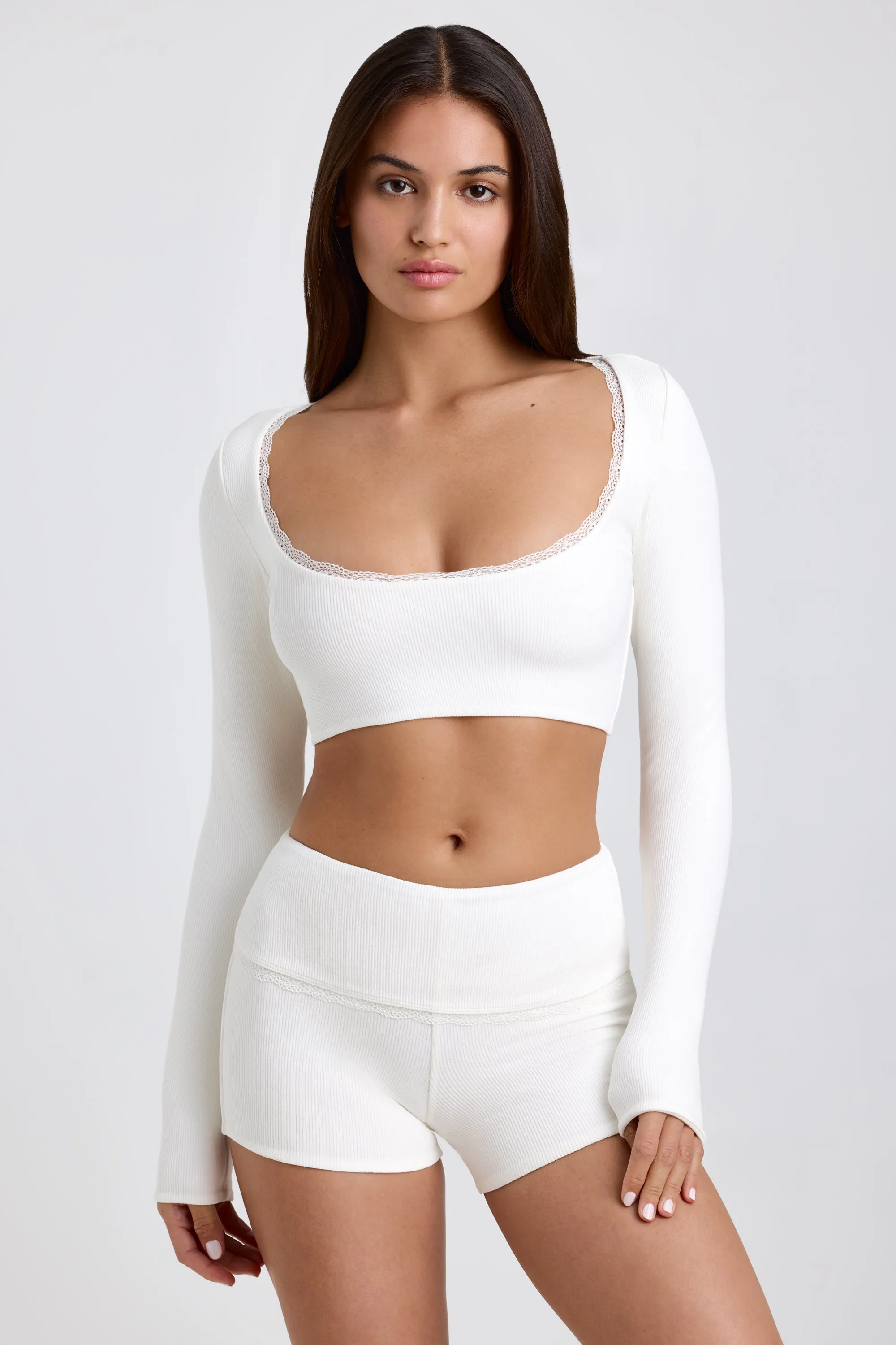 Ribbed Modal Lace-Trim Crop Top in White sold by Oh Polly product image thumbnail 5