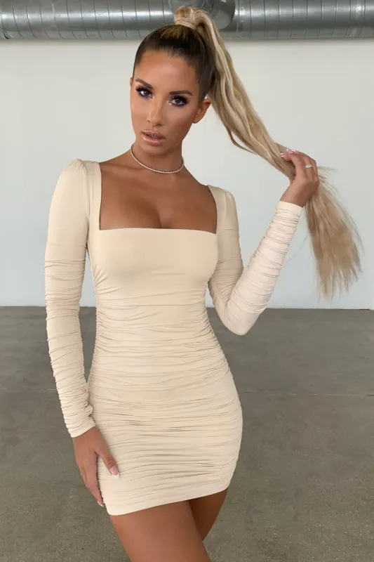 Long Sleeve Ruched Mini Dress in Oyster White sold by Oh Polly