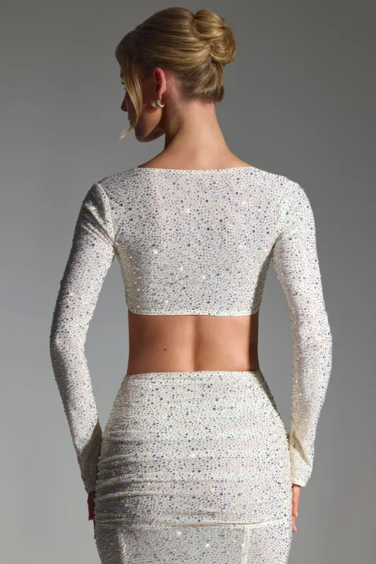 Embellished Long-Sleeve Crop Top in White sold by Oh Polly