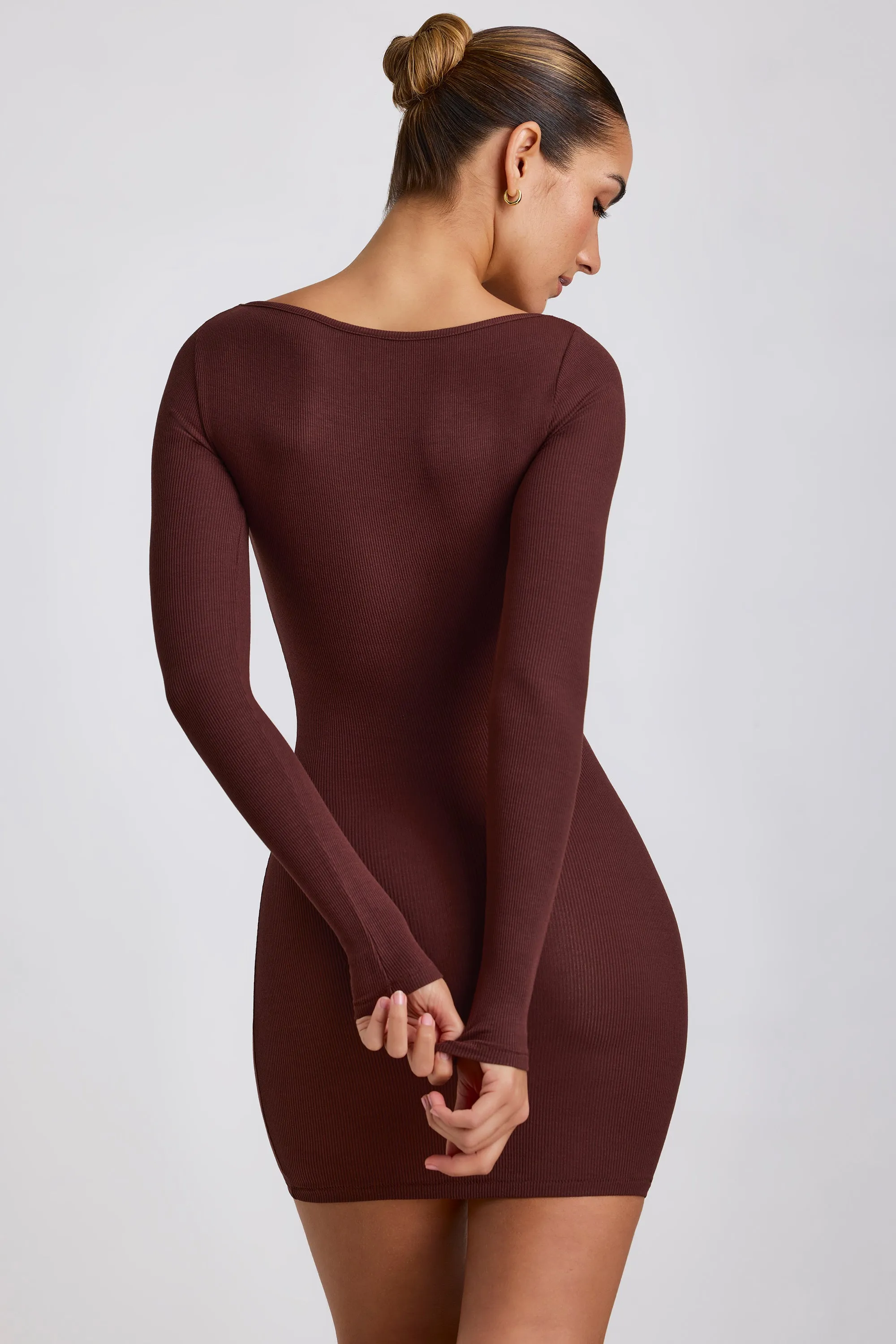 Ribbed Modal Long Sleeve Mini Dress in Chocolate sold by Oh Polly product image thumbnail 2